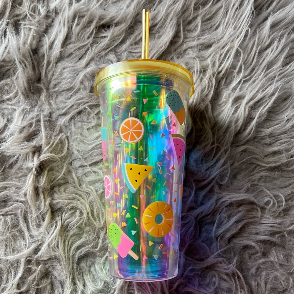 Iridescent summer plastic tumbler with lid straw NWT READ!